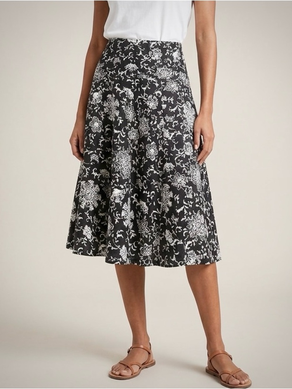 GAP Black & White Floral Vintage Linen Midi Skirt Size 4R